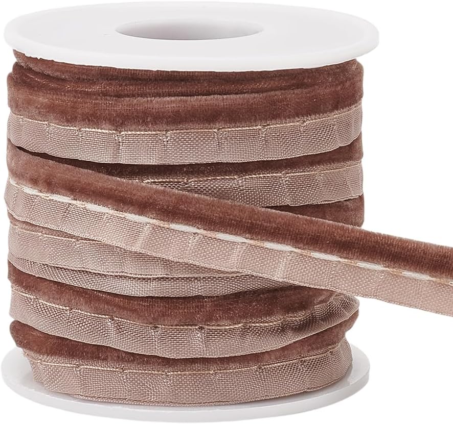 BENECREAT 10 Yards Brown Velvet Piping Bias Tape, 3/8 Inch Wide Welt Cord Piping Trim Fabric Edge with Velvet Lip Cord Trim for Sewing Clothing Upholstery Trimming