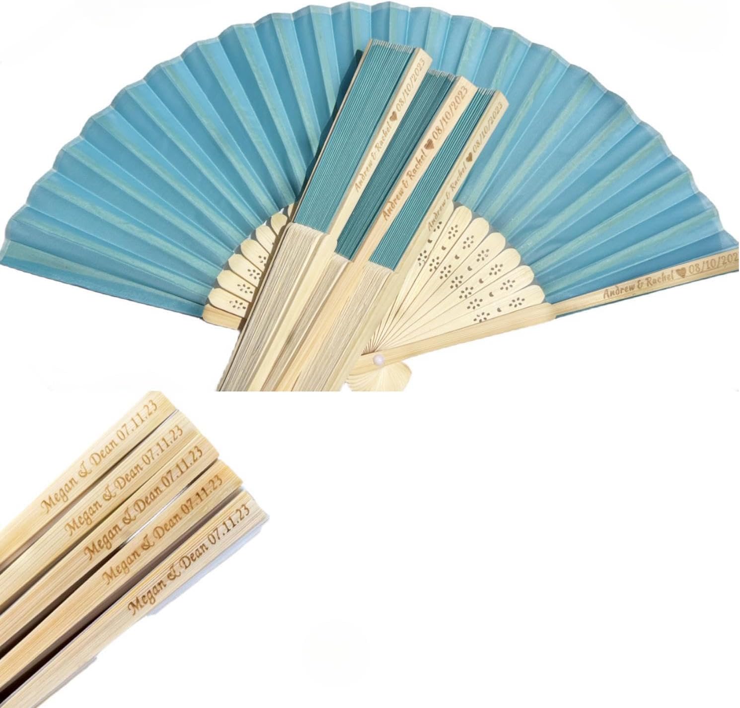 Personalized Blue Silk Wedding Fans-Custom Engraved Handheld Folding Fans-Perfect for Bridal Shower、Engagement、Birthdays (50Pcs)