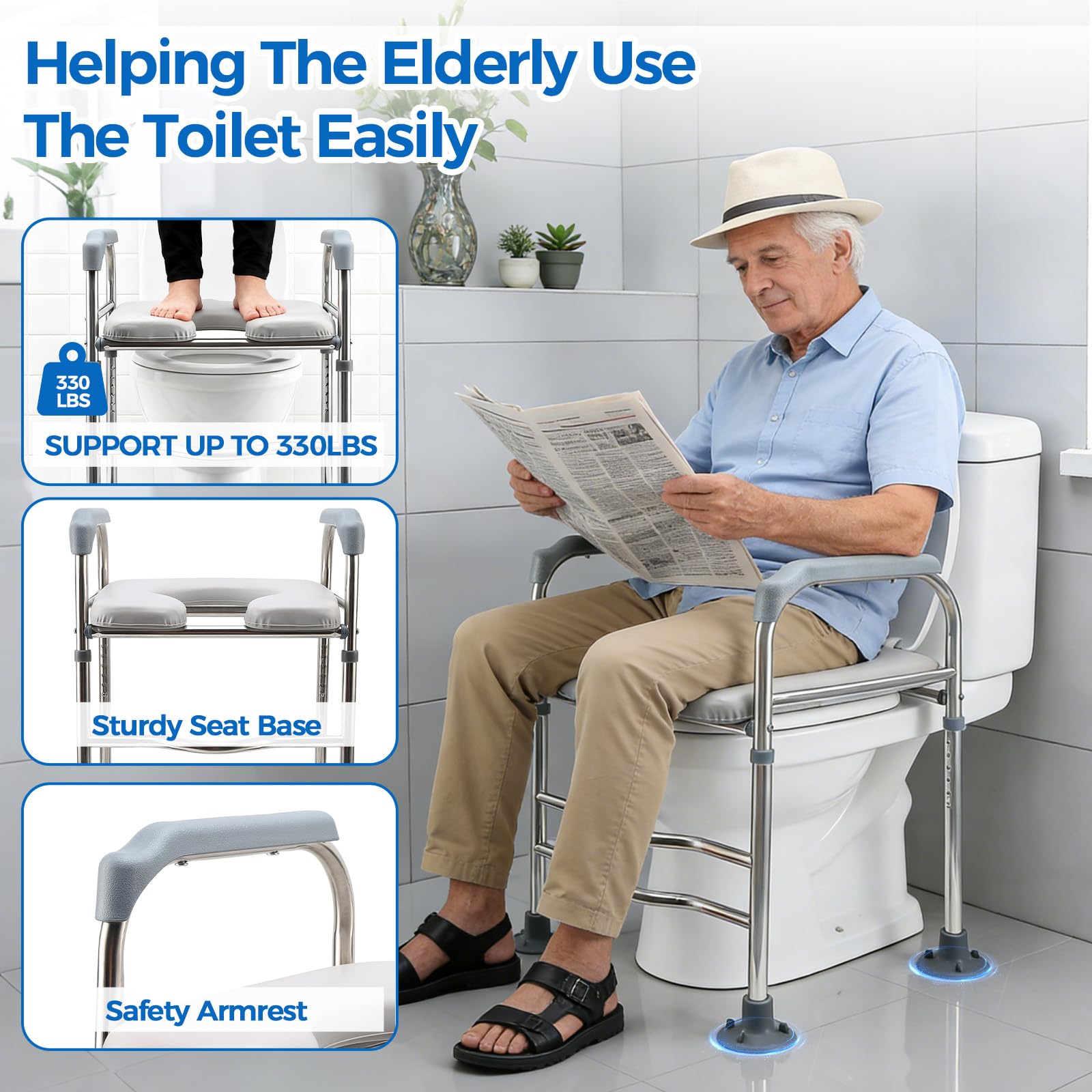Rialzo per sedile WC resistente, con maniglie di sicurezza, regolabile in altezza, telaio di supporto per WC per disabili, sedili rialzati per anziani in gravidanza, adatto a qualsiasi bagno, capacità
