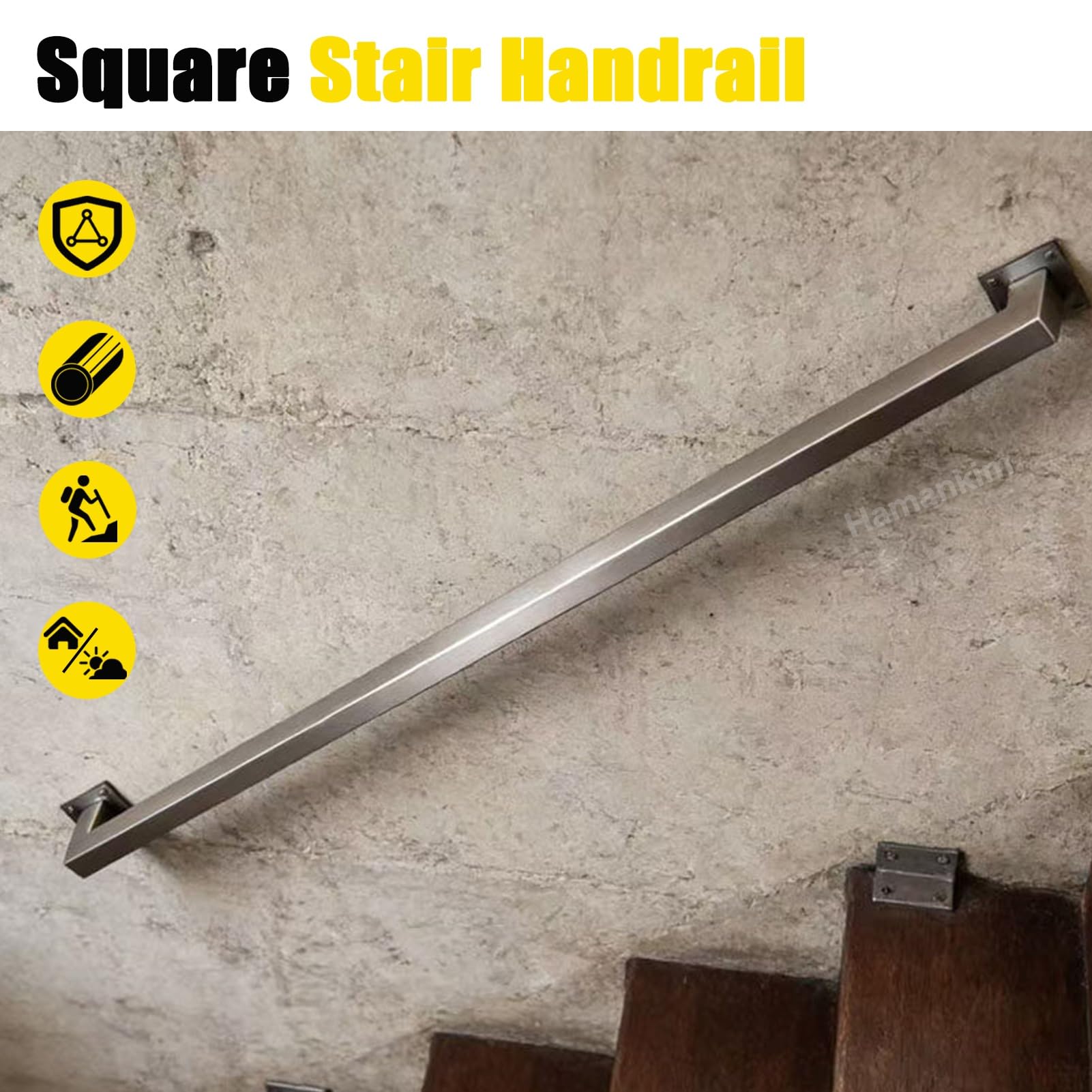 Varilla de soporte tubo cuadrado plateado barandilla de acero inoxidable | Pasamanos de Pared de Alta Resistencia, barandillas de Escalera Modernas Resistentes para sótano de Porche Loft(2.8m)