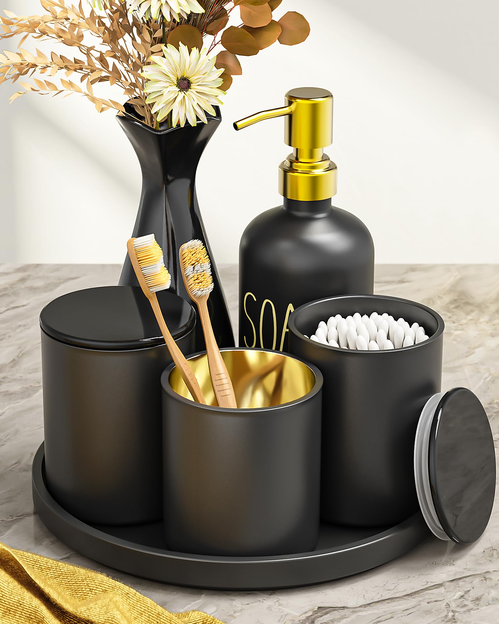Juego de accesorios de baño negros con bandeja, 6 juegos de accesorios de baño negro mate, dispensador de jabón de vidrio y soporte para cepillo de dientes, soporte Qtip, jarrón de flores de cerámica