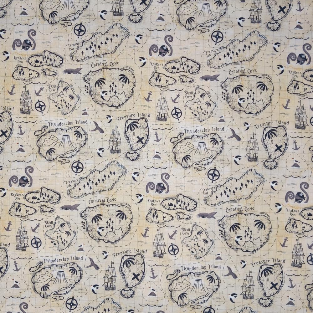 Oh Sew Crafty Limited Multicoloured 100% Cotton Fabric A Pirates Adventure Treasure Map Ship Island 112Cm Wide (Price Per Metre)