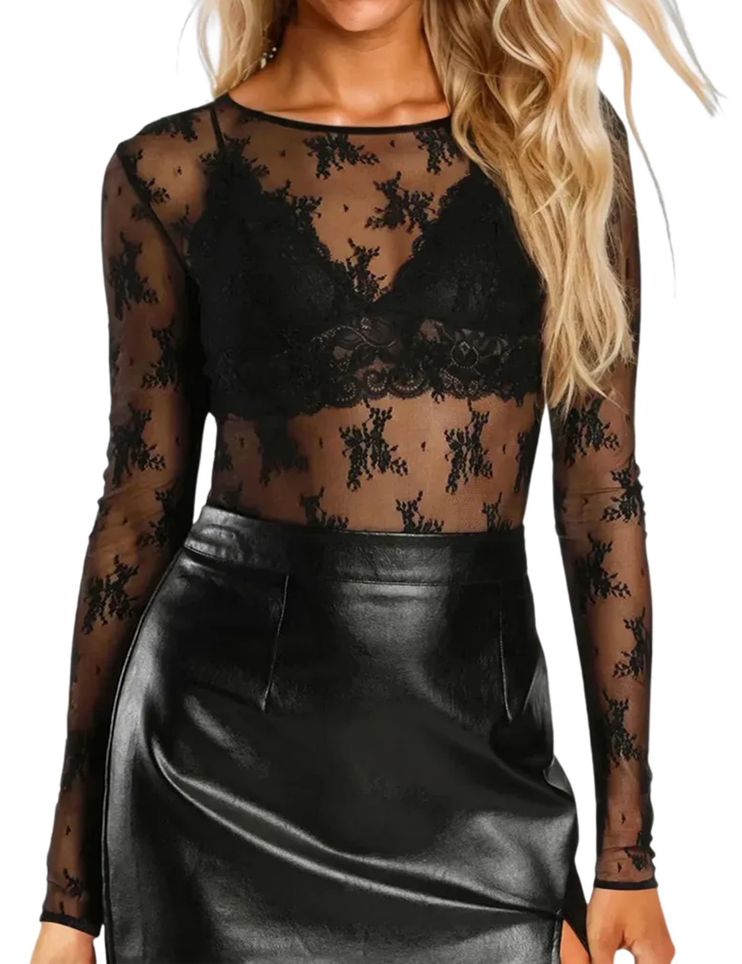 YLIRJ Women's Lace Long Sleeve Tops Mesh Sheer Blouse See Through Floral Concert Outfits Party Lace Undershirt