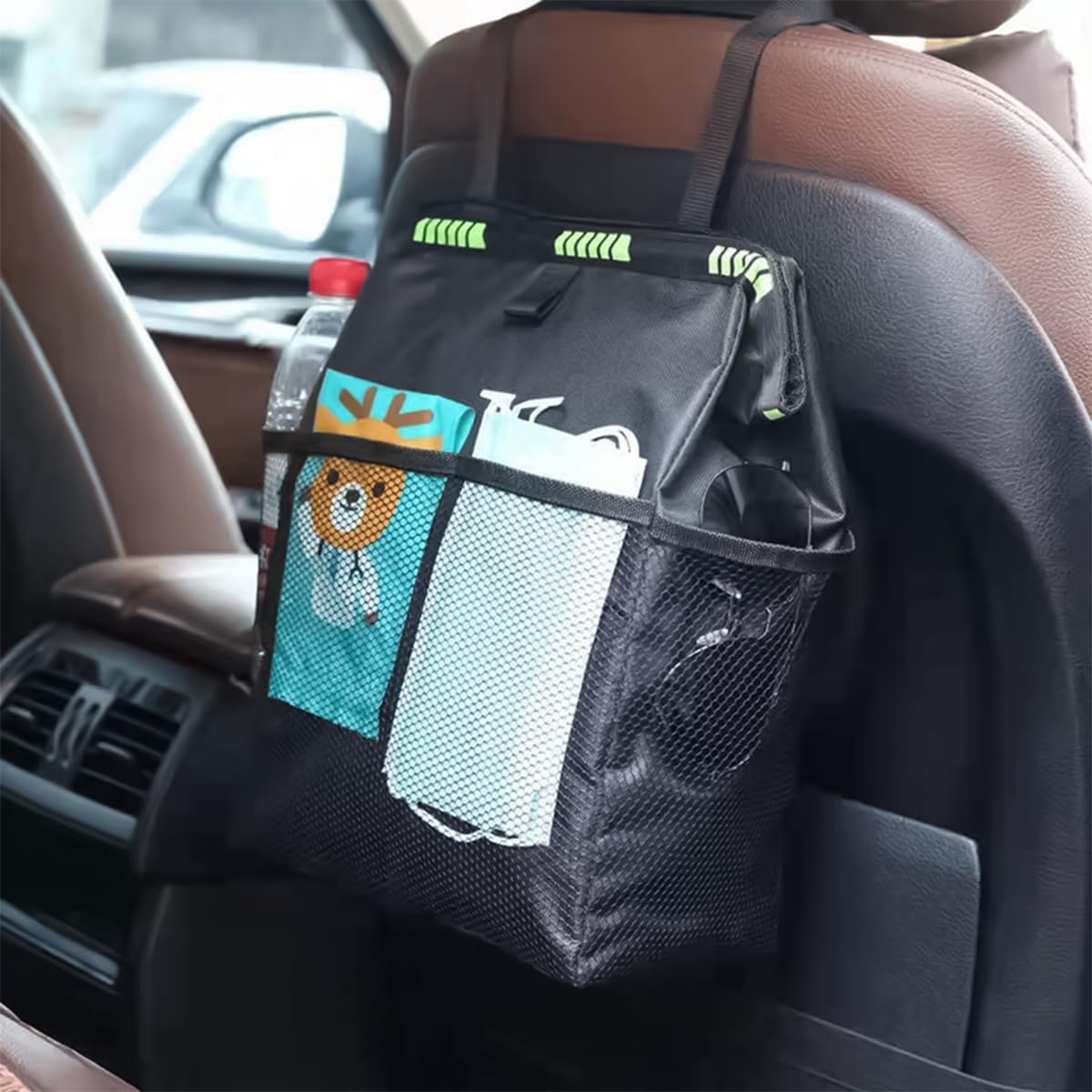 Hanging Car Trash Can with Storage Pockets, Waterproof Leakproof Automotive Garbage Bag, Washable Foldable Large Capacity Vehicle Trash Bin, Universal for RV, SUV, Truck (Black)