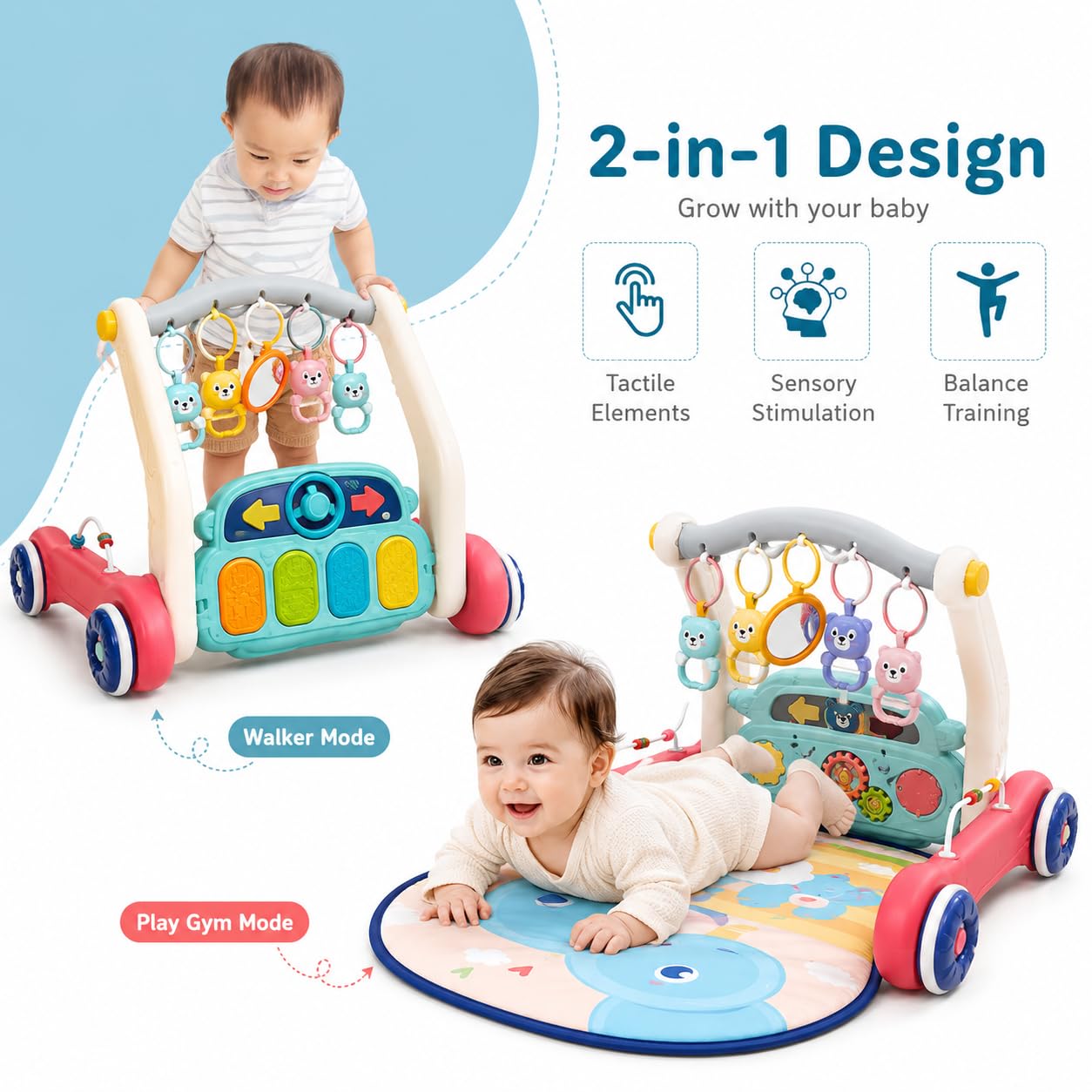 Goyal's 2 in 1 Musical Baby Activity Walker with Convertible Play Gym | Push Walker with Play Piano, Lights, Rattles & Tummy Time Mat for Babies & Toddlers