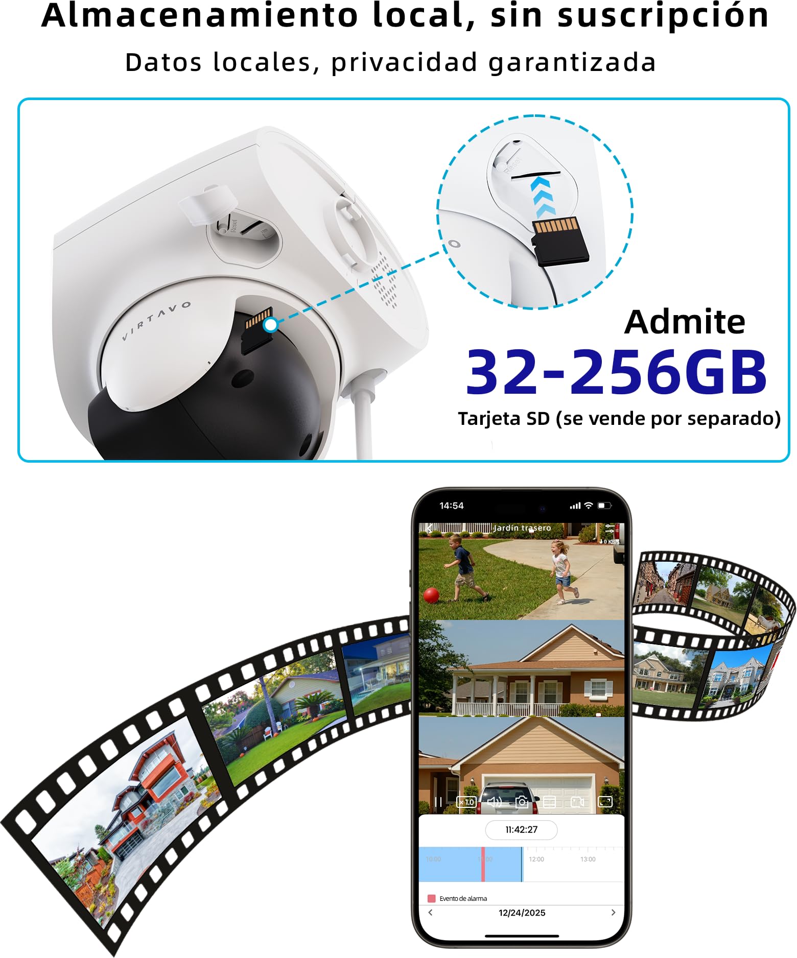 VIRTAVO Cámara de Vigilancia Exterior Tres Ojos, WiFi HD 1080P Visión Nocturna a Color, Audio Bidireccional, Detección PIR, Almacenamiento Nube/Tarjeta SD, Compatible con Alexa 2.4GHz