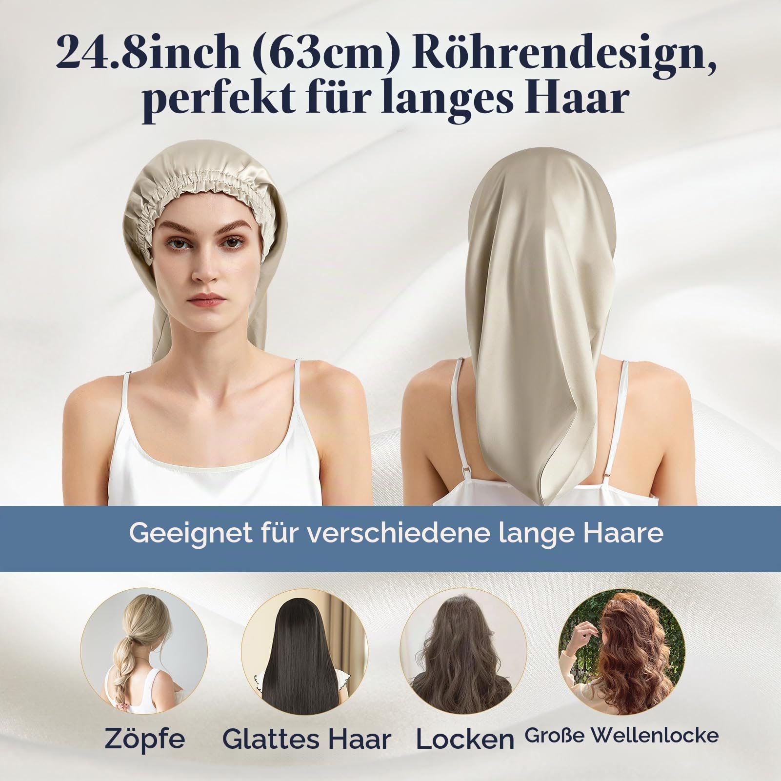 Mommesilk Maulbeerseide Haarhaube Schlafmütze Schlafhaube 100% Seide 22 Momme Lange Seidenmütze Kappe für lockiges Haar Seidenhaube für Frauen mit Langen Haaren