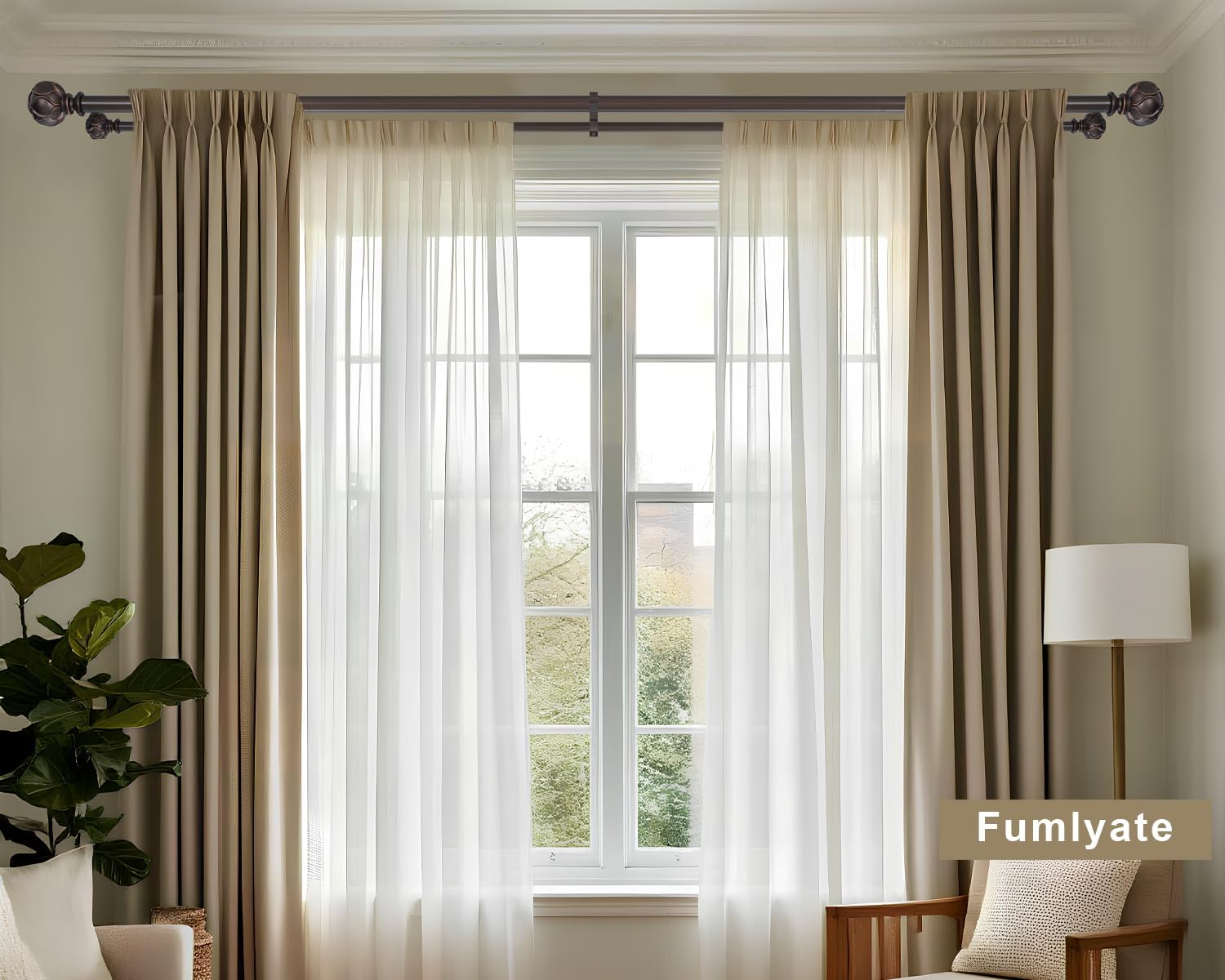 Double Curtain Rods 36-72”(3-6 Feet) for Windows, Fumlyate 1 Inch Diameter Front and 5/8 Inch Back Drapery Rod with Solid Aluminum Brackets, Heavy Duty Telescoping Dual Curtains Poles, Dark Bronze