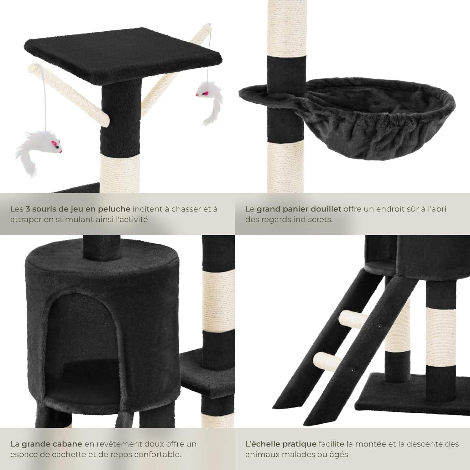 Close-up collage showing details of the cat tree: dangling plush toys, a large cozy basket, a spacious cat cave, and a practical ladder.