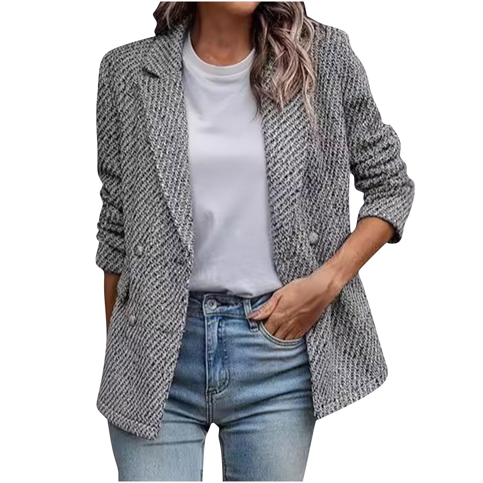 Womens Tweed Blazers Casual Jackets Long Sleeve Oversized Open Front Plaid Blazer Jackets Work Suits with Pocket