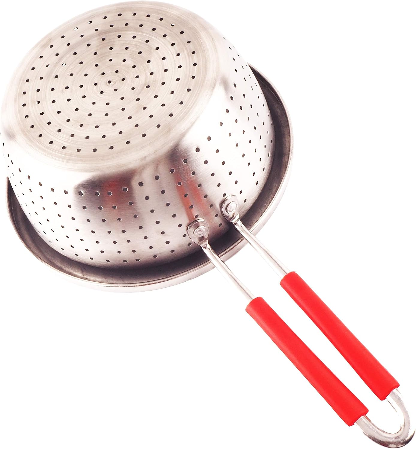 Stainless Steel Perforated Metal Colander Strainer with Long Red Handle Sieve Sifters Use for Kitchen Food Pasta Noodles Spaghetti Vegetables Silver - 7.9inch
