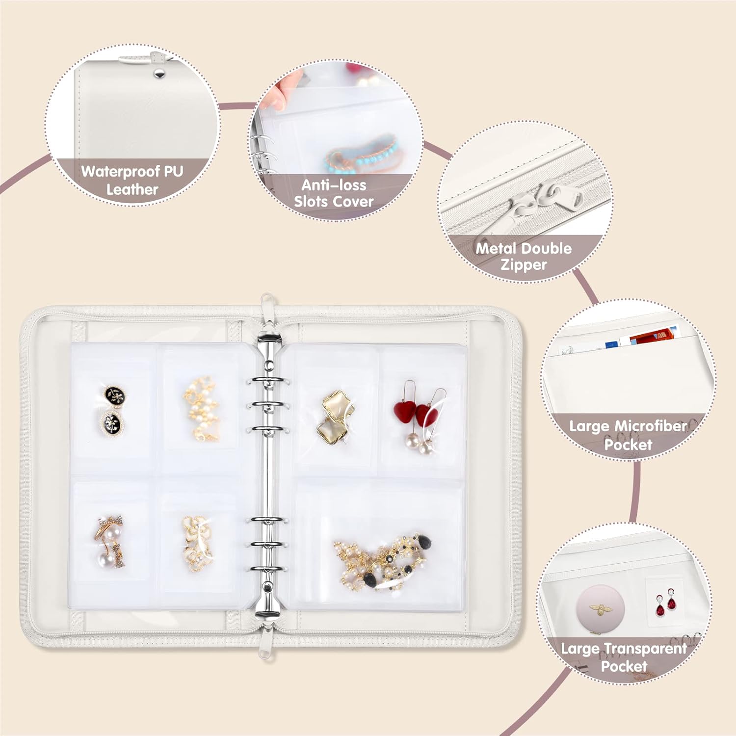 Bundle: Jewelry Travel Organizer Case PU Leather Jewelry Storage Book + Double Layer Jewelry Travel Organizer Case for Necklaces, Earrings, Bracelets(Pearl White+White)