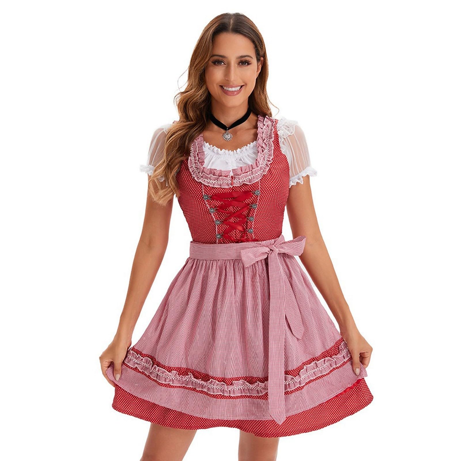 Robe Dirndl Traditionnelle Bavaroise Pour Femme - Bleu Clair Avec Broderies Et Dentelle - Tablier Inclus - Pour Fête De La Bière