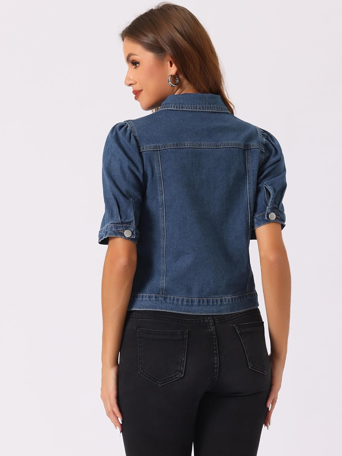 Allegra K Casual Jean Jacket for Women's Short Puff Sleeves Button-Down Denim Jacket - Image 3