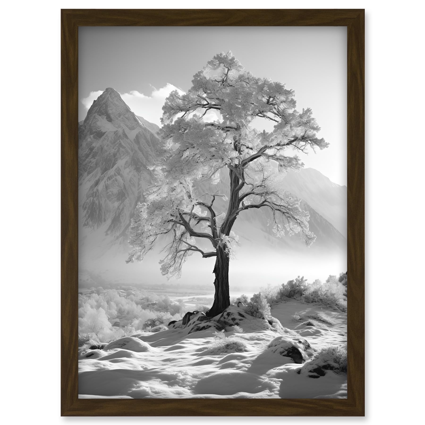 Artery8 Frozen Tree in Snowy Mountain Landscape Bright Black and White Photograph Winter Sunrise Crisp Morning Light Artwork Framed A3 Wall Art Print