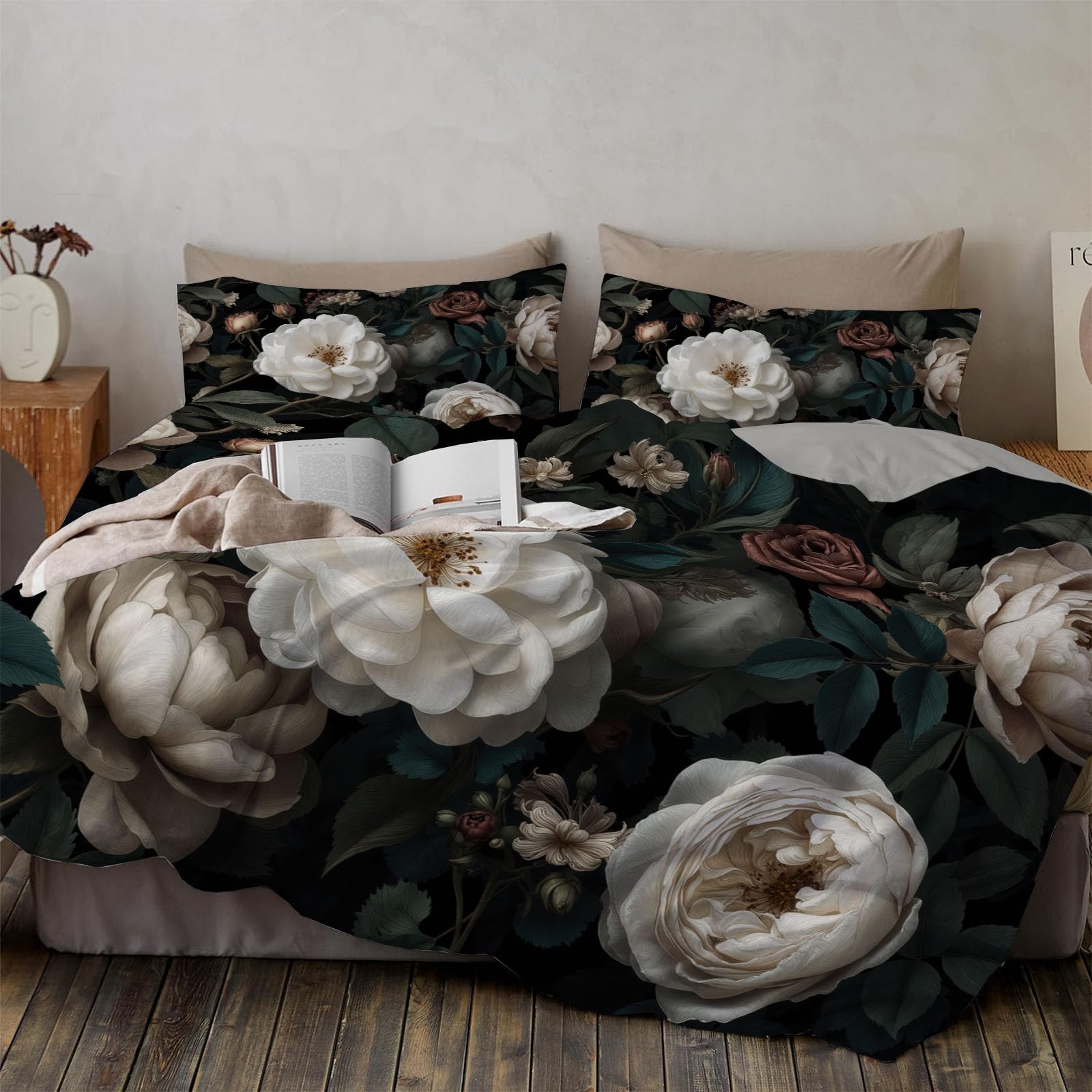Housse de couette 220x240 floral avec 2 taies d'oreiller en microfibre pour lit adulte