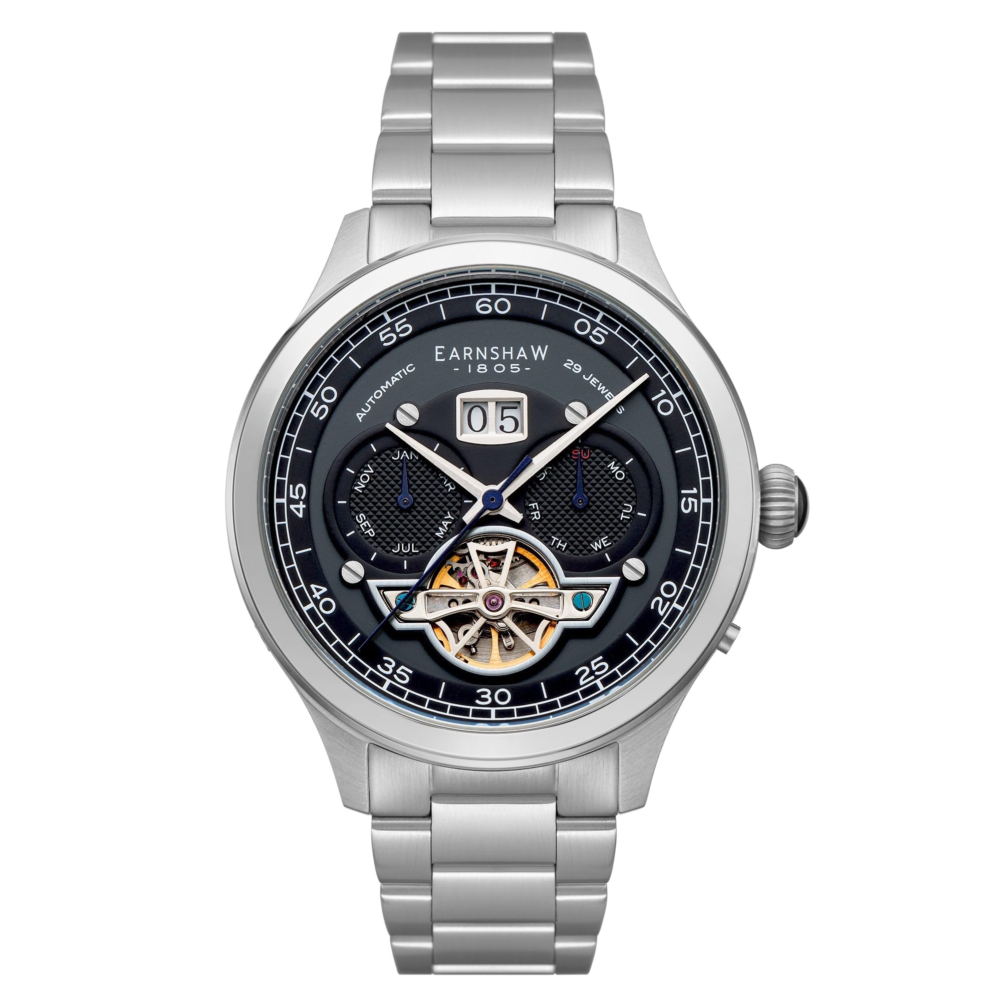 Thomas EarnshawMen's 43mm Baron Grand Date Calendar Open Heart Automatic Watch with Leather Strap ES-8187