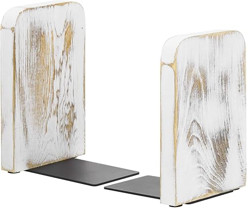 MyGift Sujetalibros de escritorio de madera encalada, organizadores decorativos de exhibición, decoración de estantes de libros de oficina, 1 par