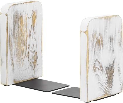 MyGift Farmhouse Book Ends for Shelves, Vintage Decorative Bookends, Bookends Display Organizer, Book Holder Stopper, Office Desk Decor, Whitewashed