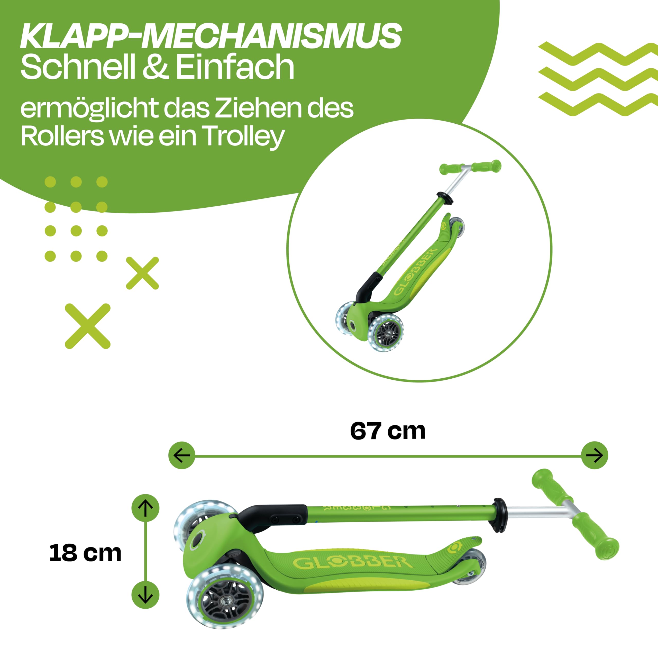 GLOBBER Primo Foldable Plus Lights Roller – Tretroller Kinder ab 3 Jahre - Scooter 120/80 mm - ABEC 5, 3-rädrig mit LED Rollen – höhenverstellbar