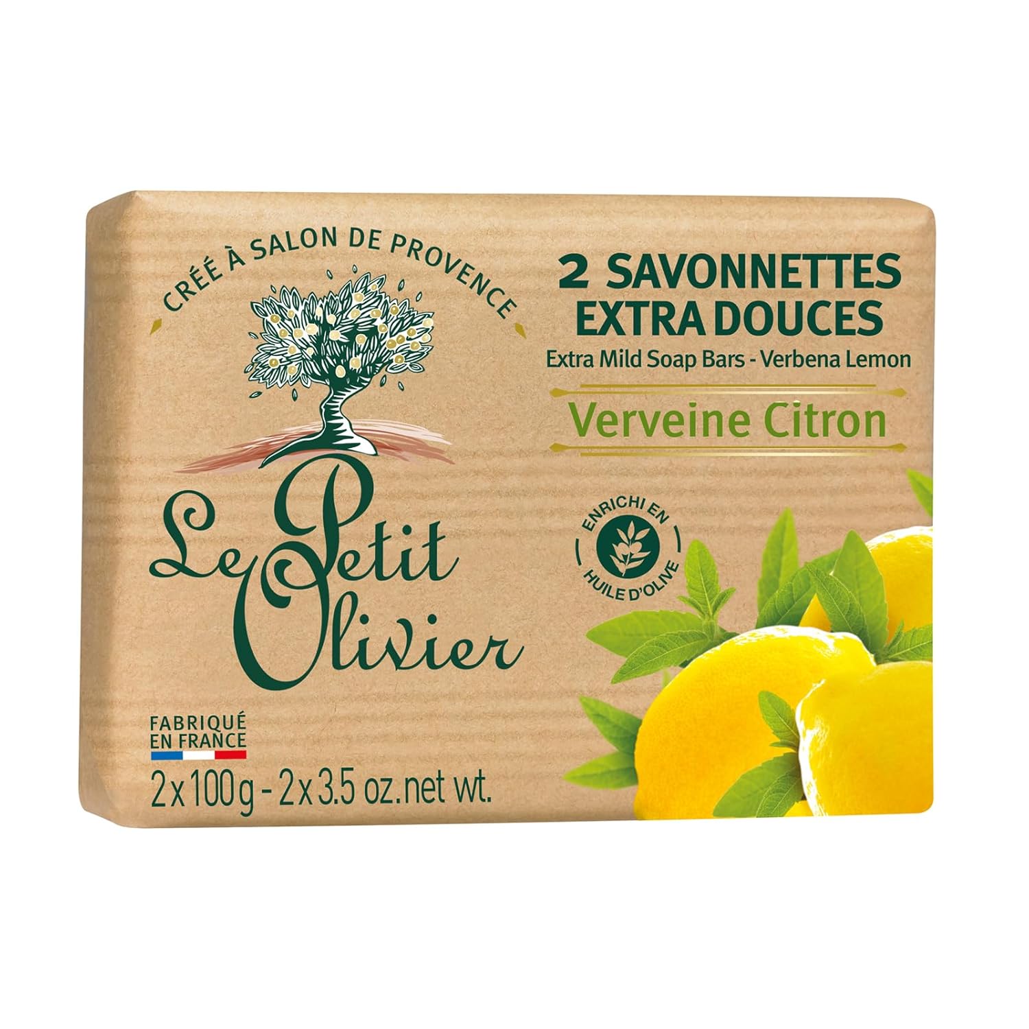 Le Petit Olivier Extra Mild Soap - Verbena Lemon - Gently Cleanses Skin - Delicately Perfumed - Moisturizing And Softening - Vegetable-Based - Eco-Friendly Packaging - Paraben Free - 2 Pc