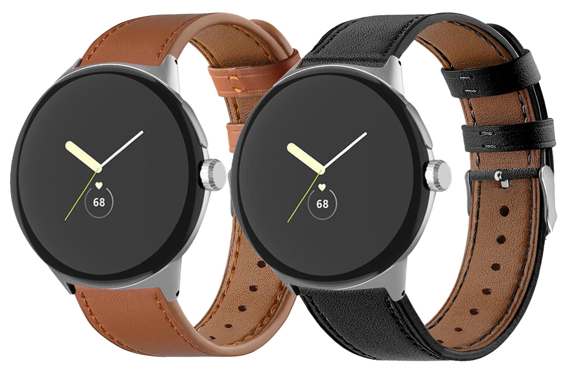 TenCloud 2 Pack Leather Bands Compatible with Google Pixel Watch 2/Pixel Watch Wristbands Metal Connectors Leather Band Strap Women Men for Pixel Watch 2 (Black+Brown)