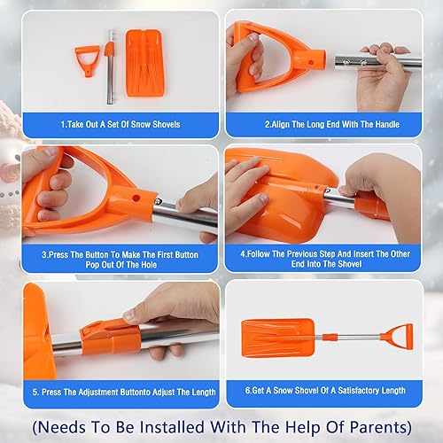 Miniatura 4 de 2 palas de invierno para niños, pala de nieve para niños con mango ajustable en D, pala de nieve desmontable de plástico naranja y azul, palas