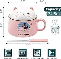 Vista 2 de Juego de tazones para ramen con palillos, lindos tazones de fideos ramen instantáneos con diseño de gato con tapa, tazones de cerámica extra grandes