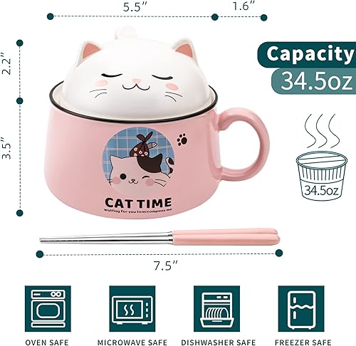 Miniatura 2 de Juego de cuencos para ramen con palillos, lindos cuencos de fideos instantáneos para ramen con tapa, cuencos de cerámica extra grandes de 34.5 onzas