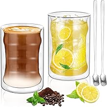 Set of 2 Glass Coffee Cups, 400ML Double Wall Clear Espresso Glasses, Borosilicate Glass Cups with 2 Spoons and 1 Brush, for Coffee Milk Tea Latte Macchiato and More