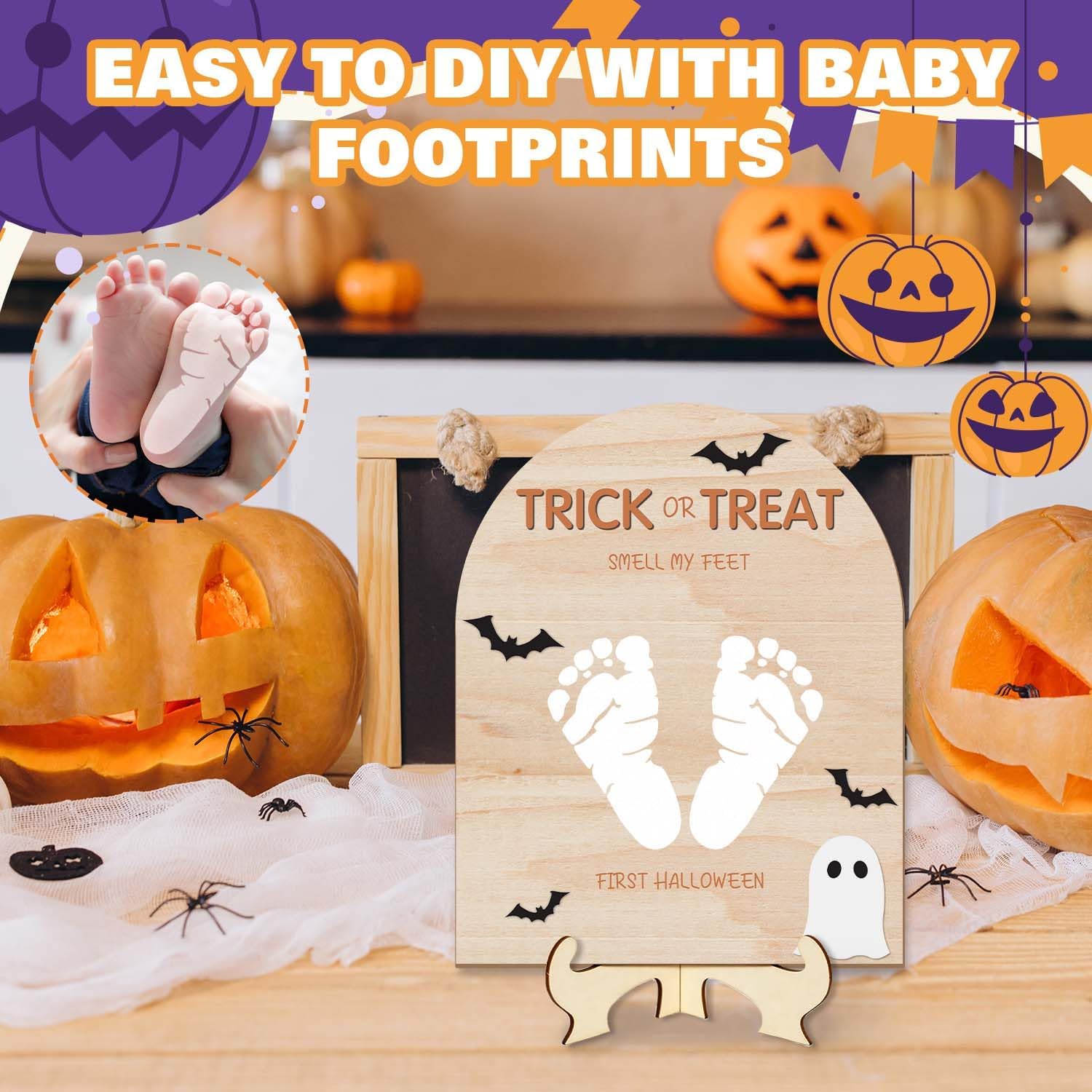 Trick or Treat Smell My Feet Halloween Sign with Stand,Baby's First Halloween Footprint Keepsake,Wooden Milestone Photo Prop for Newborn Baby,Handprint Memory Decoration and First Holiday Gift image 3