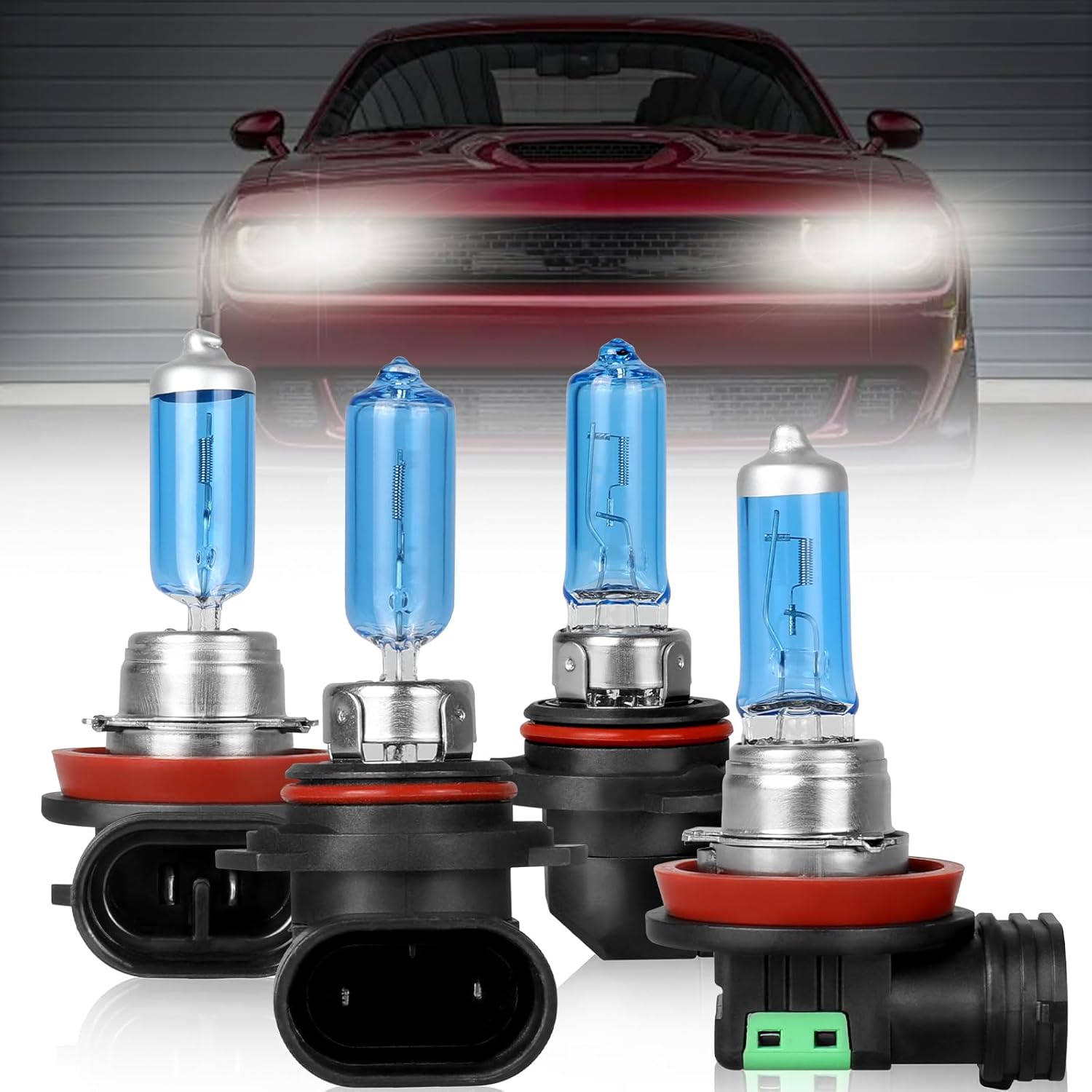 Fit For Dodge Challenger 2015-2020 High Performance Halogen Headlight Bulbs 9012 High Low Beam+H11 Fog Light Bulbs, Super Bright Front Light Car Replacement Bulb Combo, 4 PCS