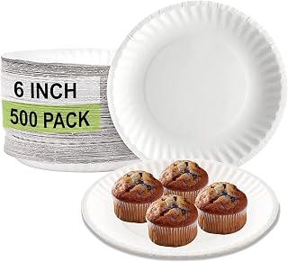 EcoQuality [500 Pack] White Disposable Paper Plates 6 Inch Perfect for Parties, BBQ, Catering, Office, Event's, Pizza, Restaurants, Recyclable, Compostable and Microwave Safe