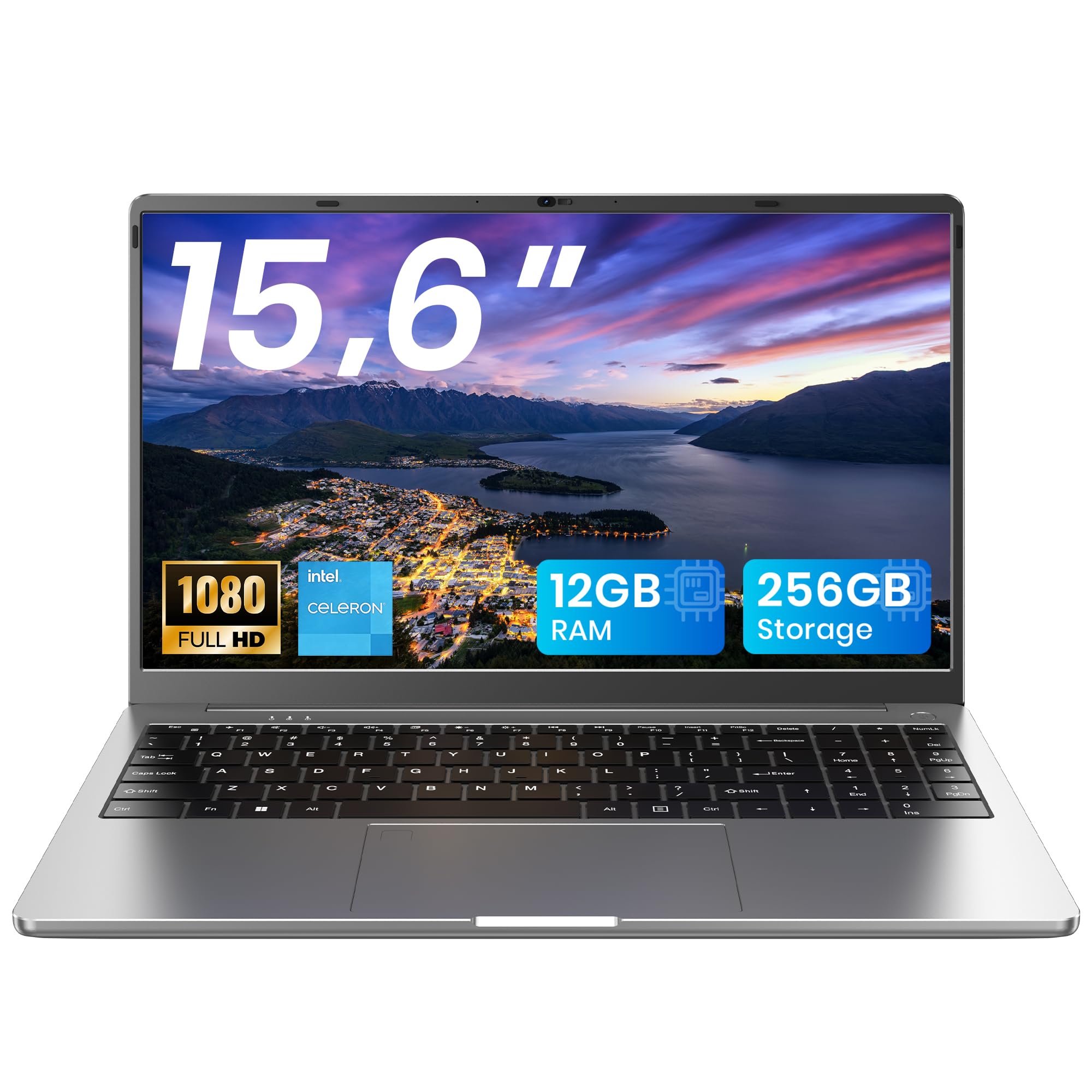 jumper 2026 15,6'' Laptop 12GB RAM 256GB ROM für Unternehmen und Studenten | FHD Display, TF Erweitern 512GB, 5205U Prozessor Notebook(bis zu 1,9 GHz), 2 Stereo-Lautsprecher/USB 3.0/Typ-C/Zehnertastatur