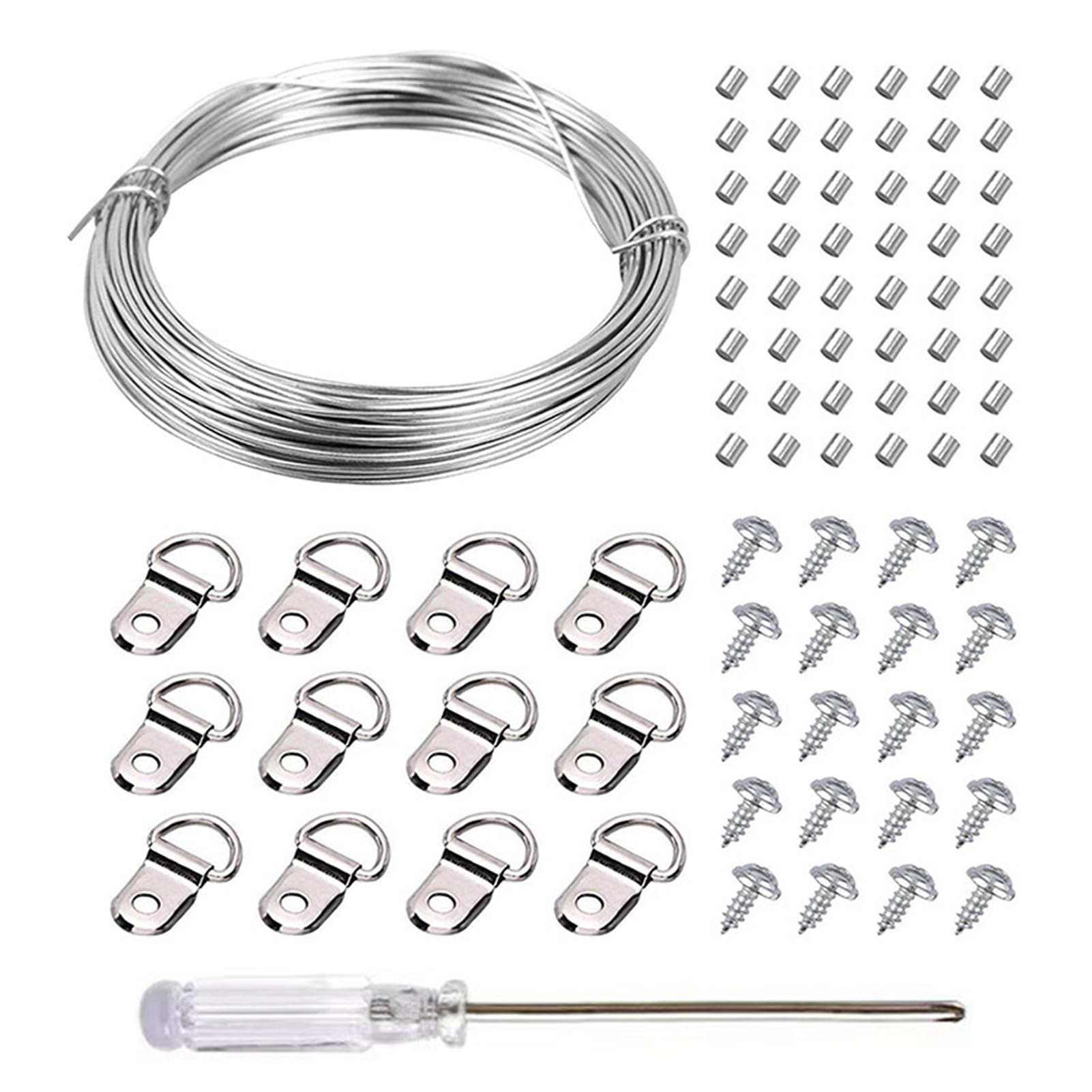 212Pcs 10M Picture Hooks Picture Hanging Wire Kit, Picture Cord for Mirror, Pictures Hangers Photo Frame Hooks with 70 D-Ring Screws Wire, Crimping Loop Sleeve for Wall Art Decor Paintings Fixing