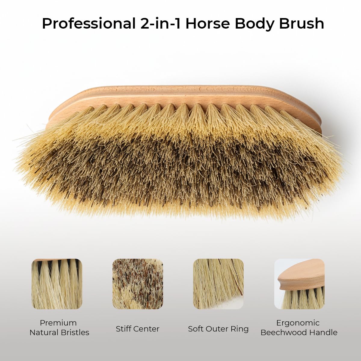 ZenithGroom - Dual Bristle Horse Brush for Grooming Deep Clean Mud Removal & Coat Shine in One, Stiff Inner Core & Soft Outer Bristles, Beechwood Handle, Professional Equine Body Brush for Shedding