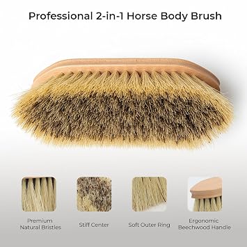 ZenithGroom - Dual Bristle Horse Dandy Brush for Grooming Deep Clean Mud Removal & Coat Shine in One, Stiff Inner Core & Soft Outer Bristles, Beechwood Handle, Professional Equine Body Brush