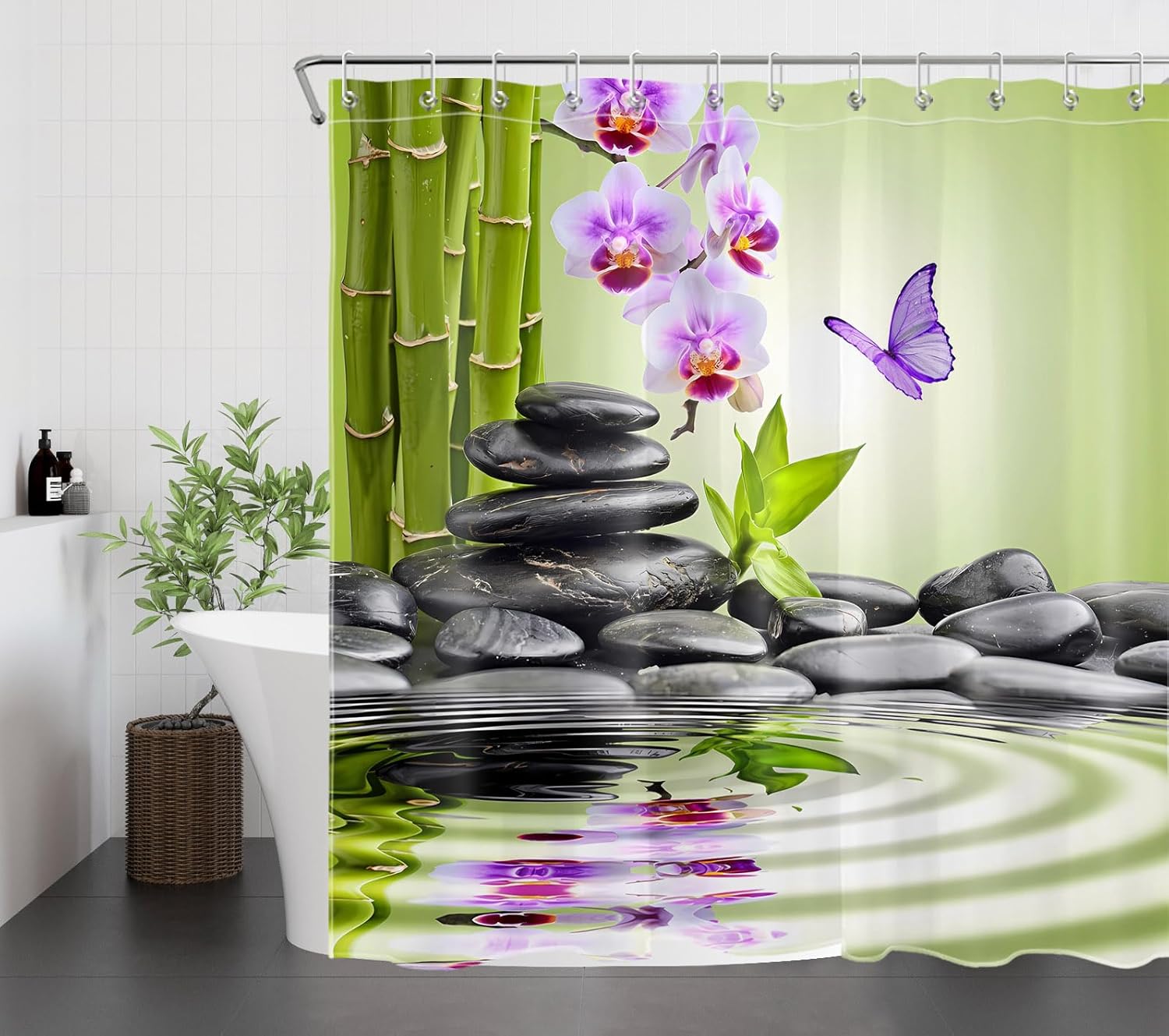 LB Spa Shower Curtain Sets with Rugs Purple Flower and Butterfly with Black Zen Stone in Water Fabric Shower Curtain with Hooks Nature Green Bamboo Bathroom Curtains Shower Set, 70x70 inches