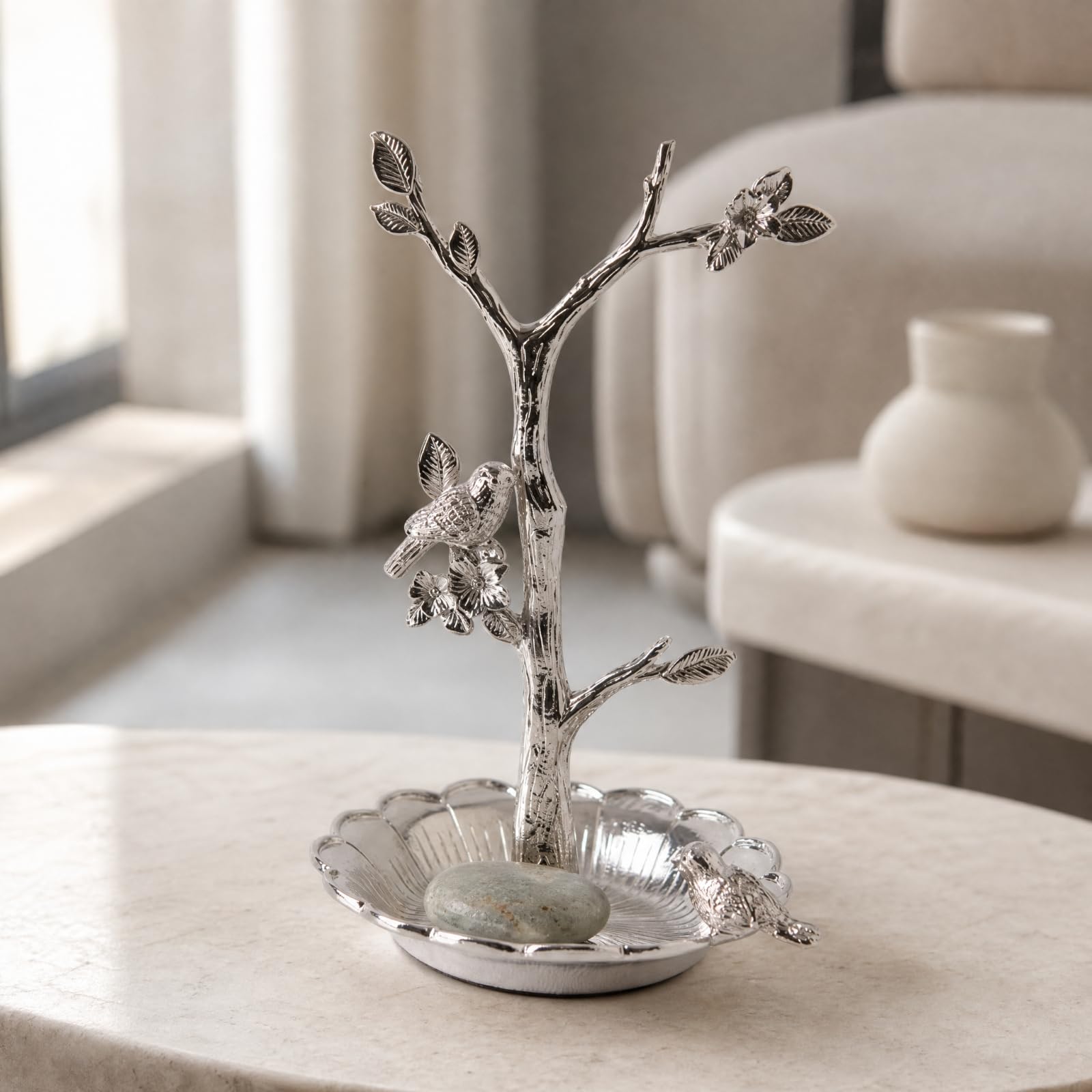 KESOTO Bandeja Organizadora Joyas Metal Decorativo Bandeja con Diseño Pájaro y Ramas Floral Soporte Joyería en Forma para Cómoda