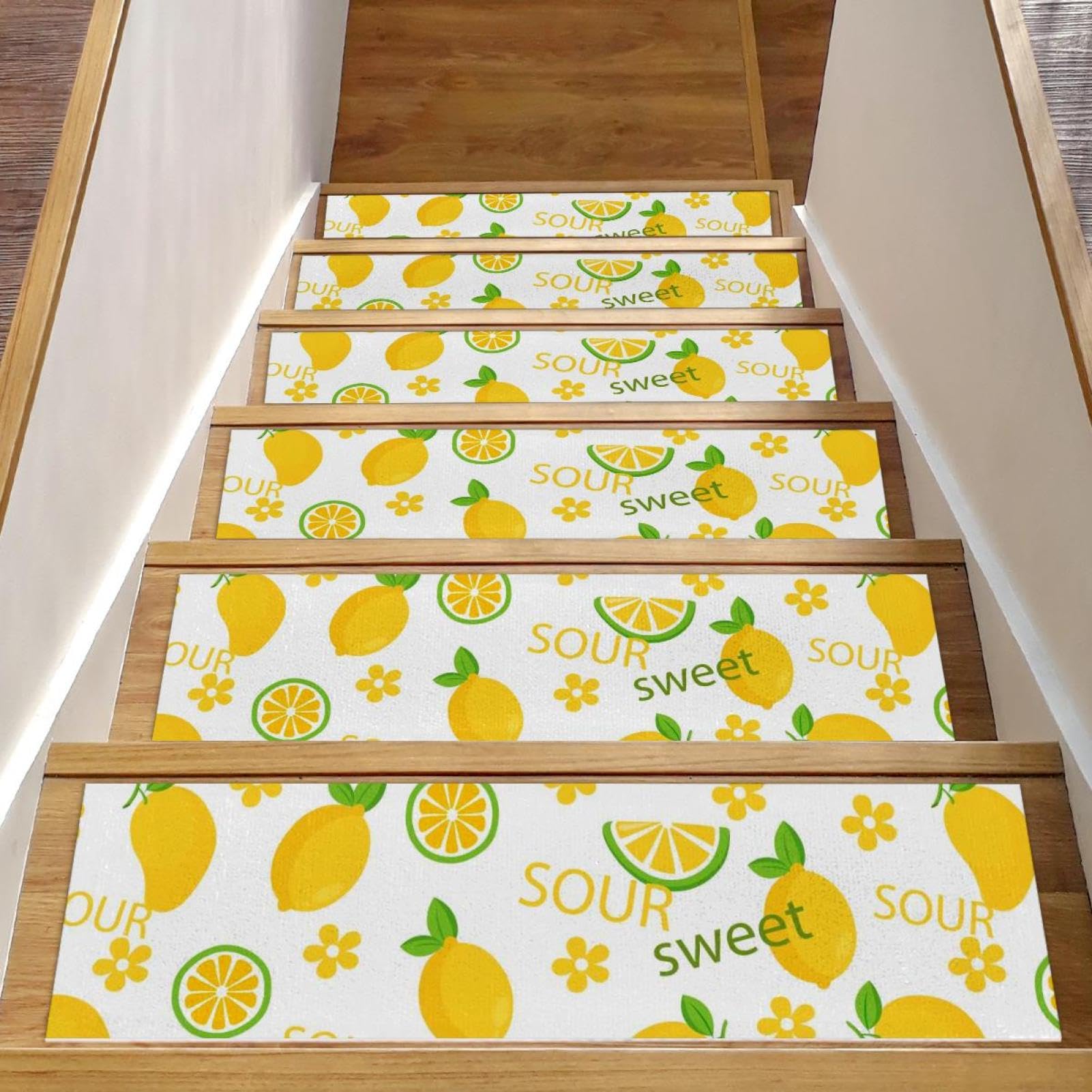 Alfombra para interiores de alta durabilidad, peldaños de madera con estampado de limones 8x30
