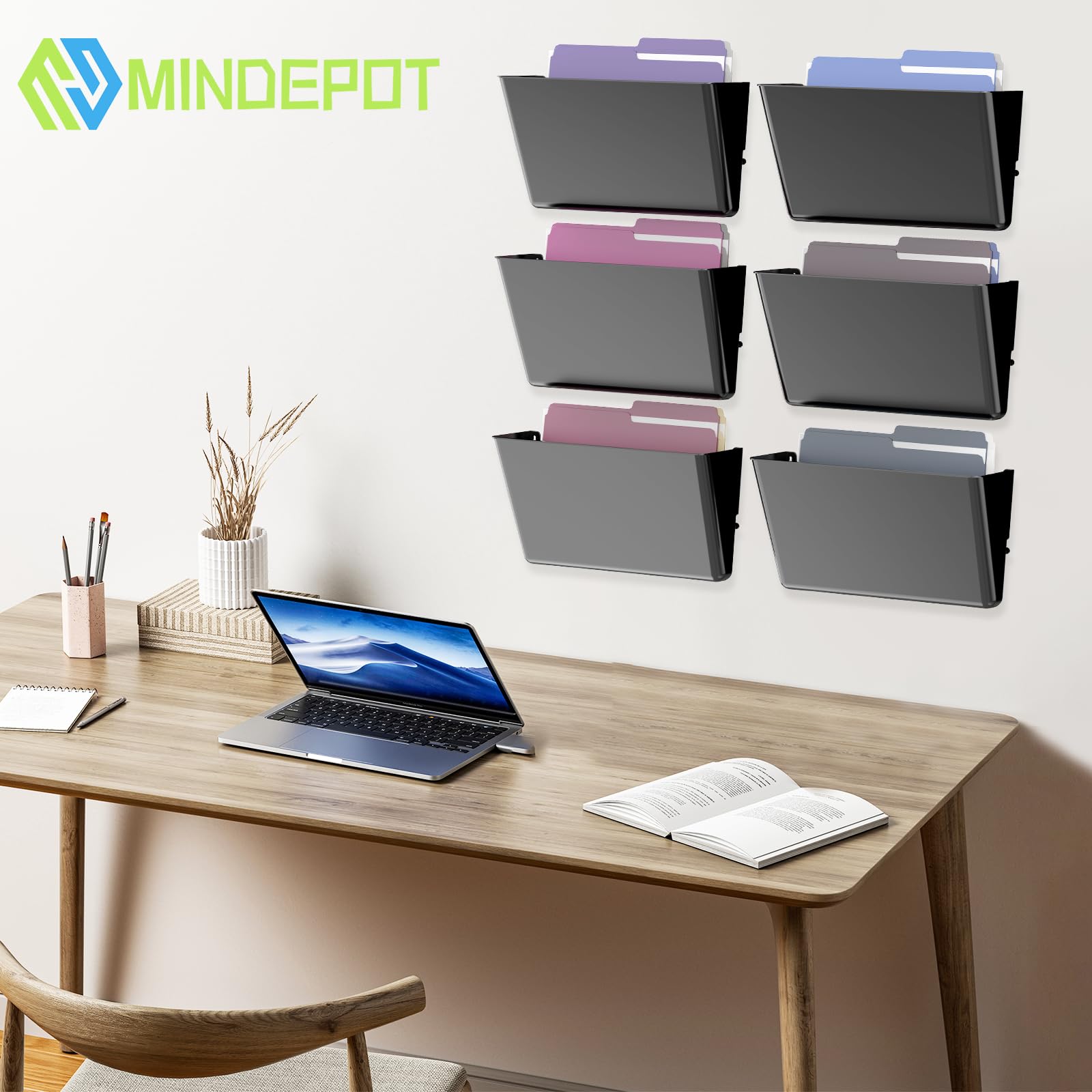 MINDEPOT 6 kieszeni, akrylowy organizer na dokumenty, przezroczysty uchwyt na dokumenty ścienne, plastikowy wiszący uchwyt na dokumenty ścienne do biura, szkoły i domu, czarny