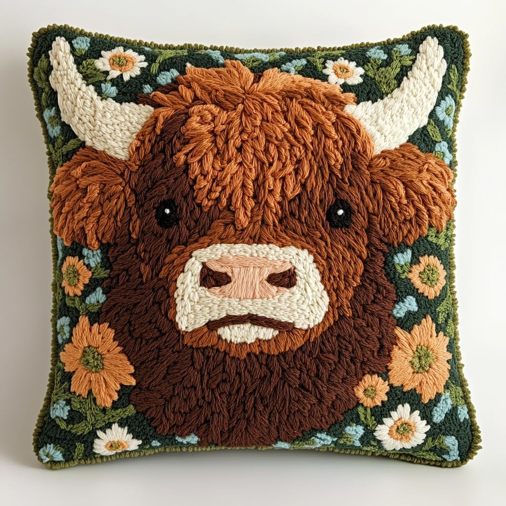 DIY Punch Needle Pillow Kit Cute Baby Highland Cow in Flowers with Pattern and Hoop Handmade Embroidery Punch Needle Starter Pillowcase Set for Home Sofa Decor 43x43cm-1-3