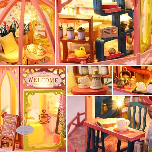 Miniatura 4 de Casa de muñecas en miniatura hecha a mano de madera, kit de bricolaje, modelos de arquitectura con luz LED, a prueba de polvo y obras de arte