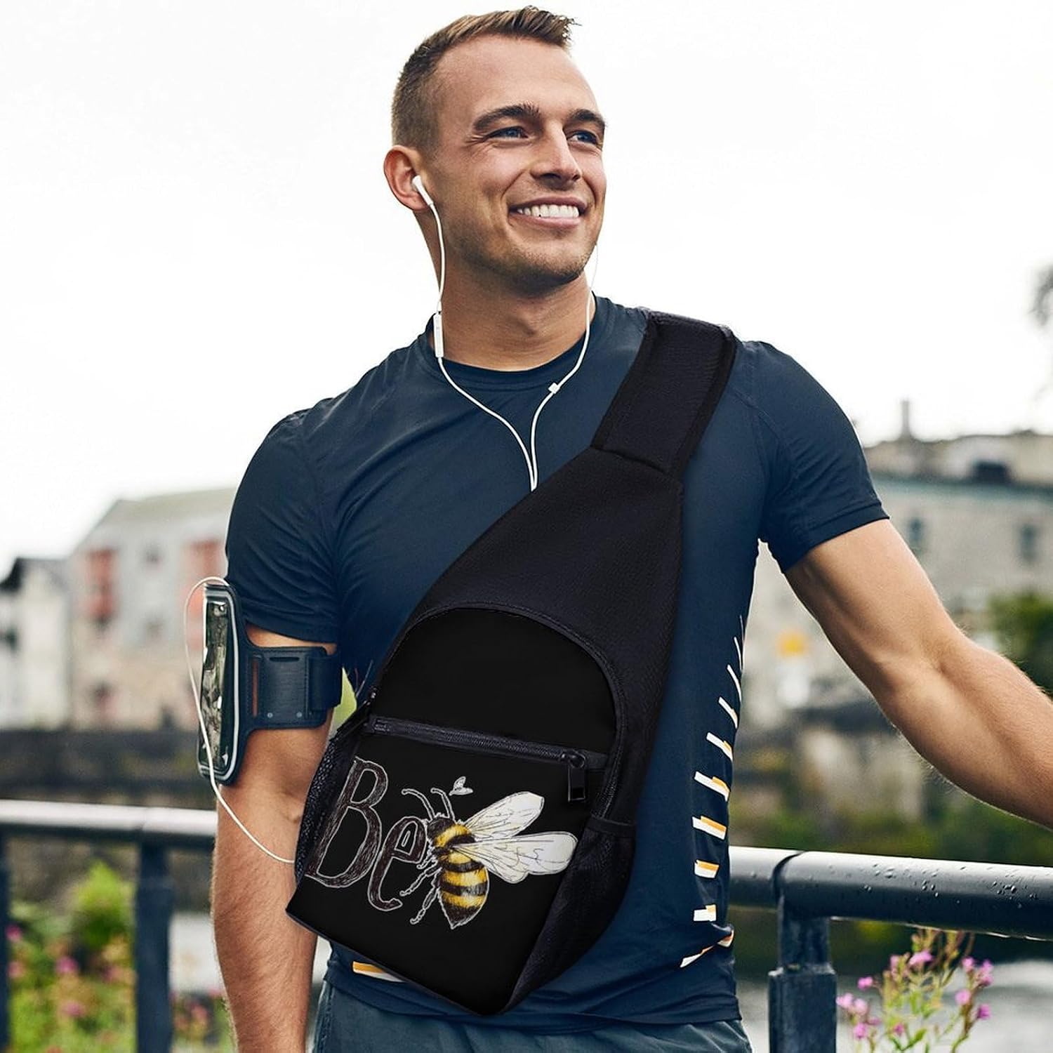 Hand-drawn Bee Crossbody Sling Backpack Chest Bag Daypack | unisex,trendy,with convertible and detachable shoulder strap,side pockets