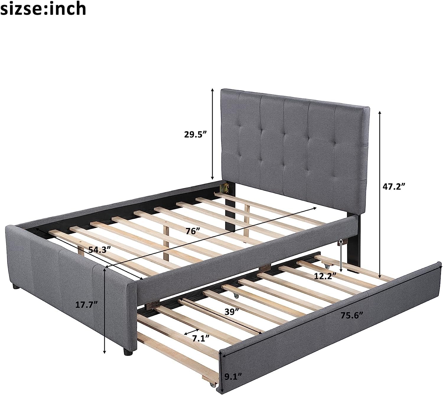 Detailed dimensions diagram for the DNYN Full Size Platform Bed with Trundle.