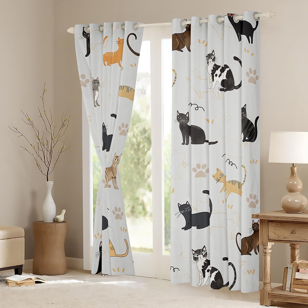 Kawaii Cat Curtains,Pet Animal Cartoon Window Curtain Kids Girls Boys Teens Home Room Decor,Cat Paw Printed Window Treatment Curtain,Hand Drawn Wildlife Microfiber Window Drapes,2 Panels,42Wx90L