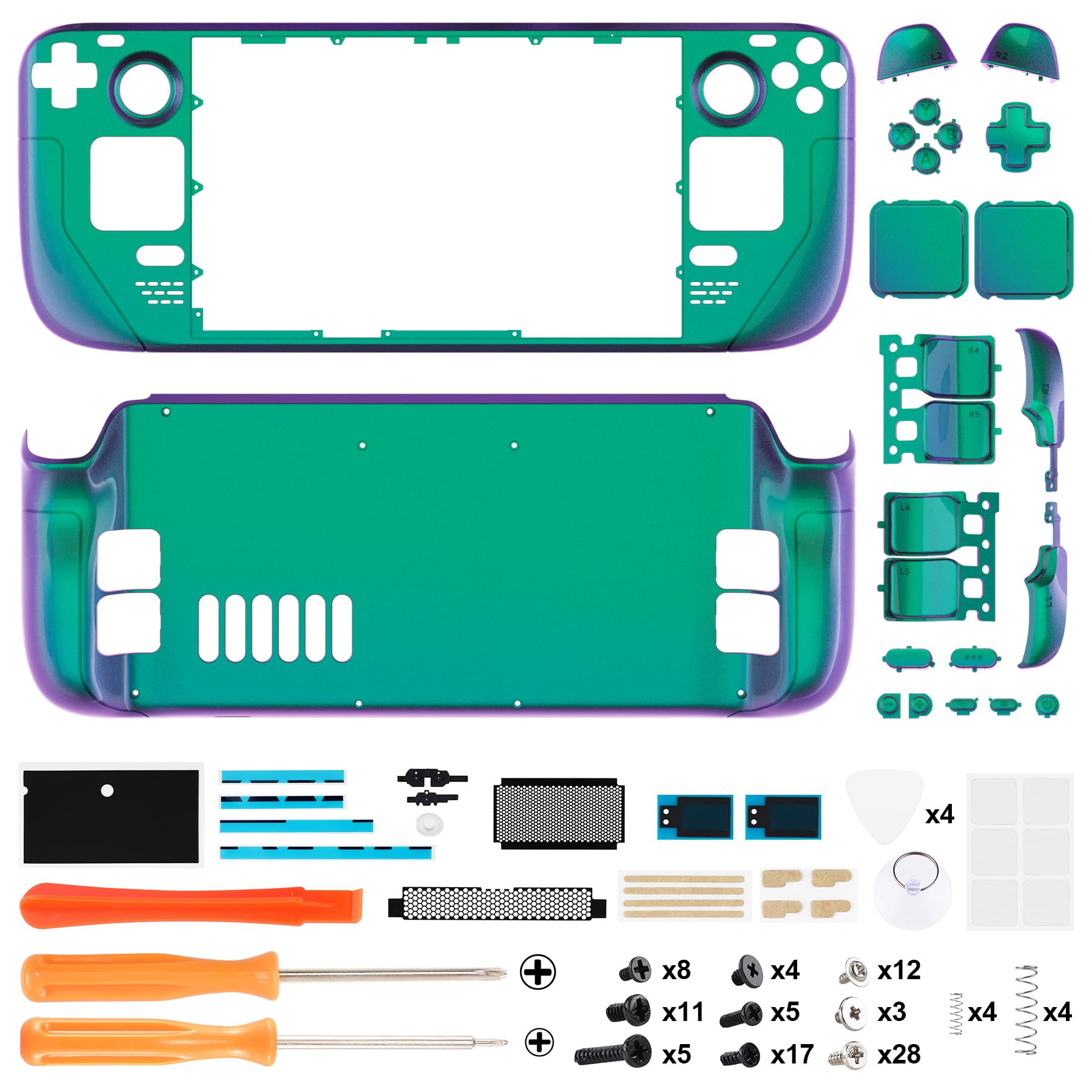 eXtremeRate Ersatz Front/Rückplatte&Tasten Set für Steam Deck, DIY-Full Case Gehäuse/Trigger D-Pad ABXY Trackpad Back Buttons Zubehör für Steam Deck LCD Console(Grün Lila)–KEIN Konsole