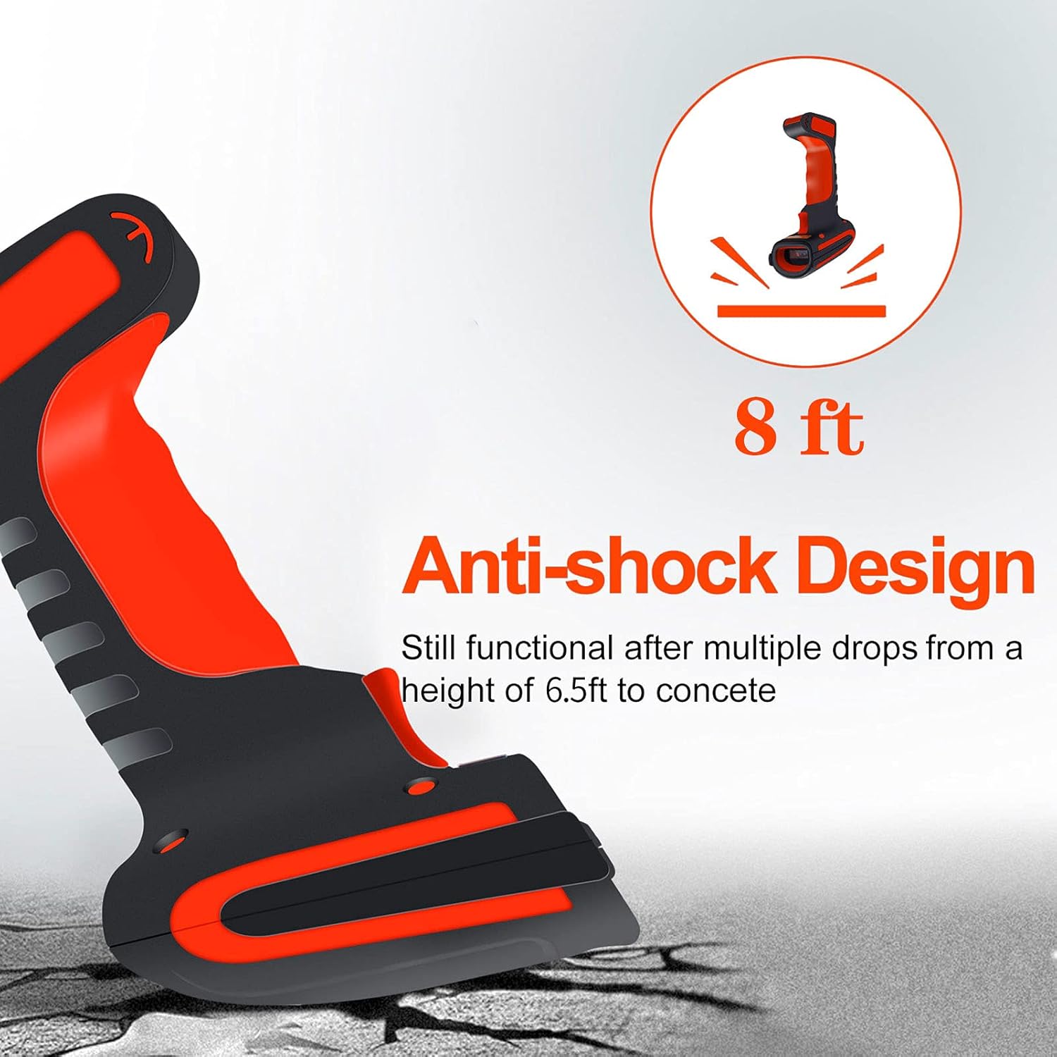 Alacrity Upgraded 2D Industrial Barcode Scanner with Wireless Charging Stand, 1968 Feet Transmission Distance 433Mhz Wireless & Bluetooth 2in1 Barcode Reader, Shock Dust Proof Hands Free, Red