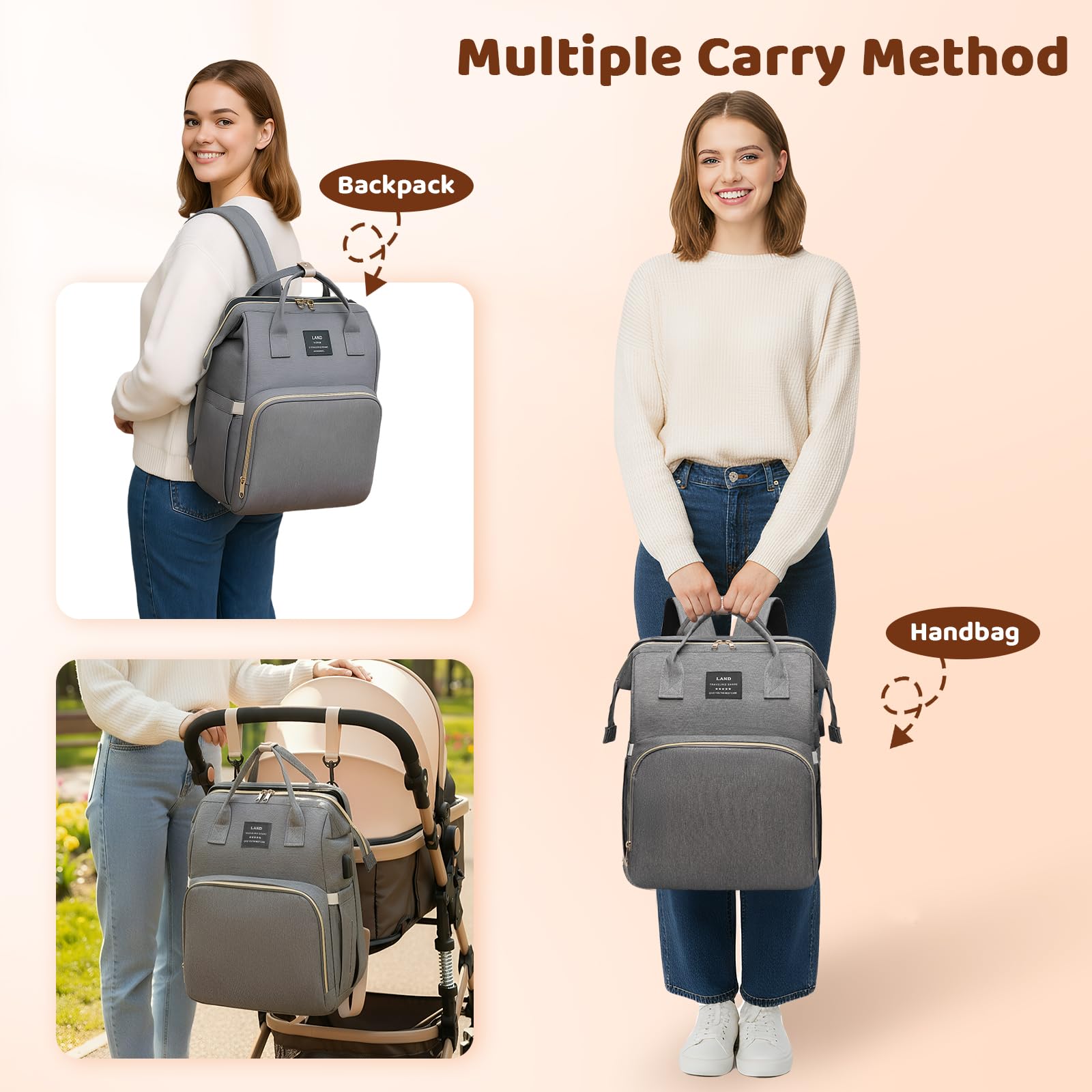 Sac à Dos à Langer pour Bébé, 35L Grande Capacité Sac de Maternité, Sac de Voyage avec Lit de Bébé Portable, Sac à Couches Multifonction avec Serviettes Urinaires et Moustiquaires de Poussette