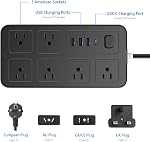 European Plug Adapter, US to UK Europe Power Strip for EU/UK/US/AU with USB C and 3 USB Ports, 6 AC Outlets, Wall Mountable, 6.5 ft, for Travel Cruise Ship Home